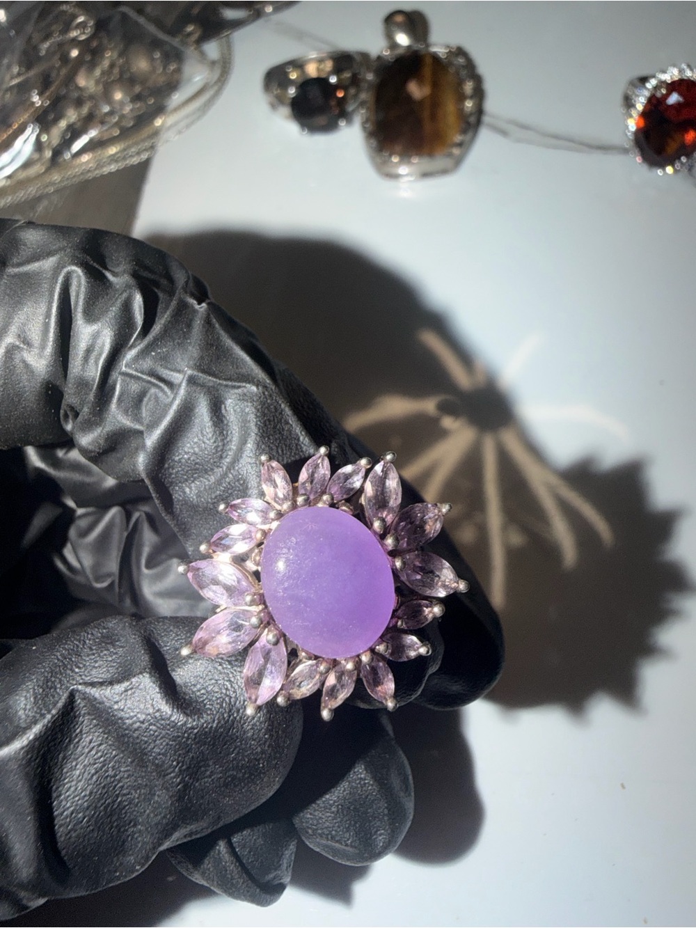 Lavender Jade & Amethyst Sterling Silver Sunflower Ring